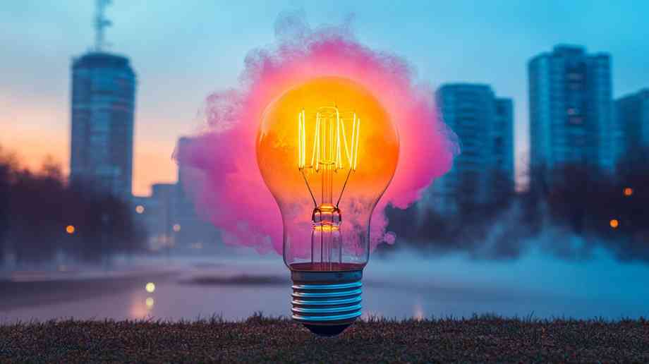 Light bulb in front of a city skyline.